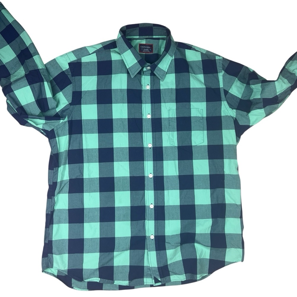 Untuckit Shirt Mens XL Green Blue Plaid Button Down Stretch Long‎ Sleeve Cotton - Picture 4 of 10